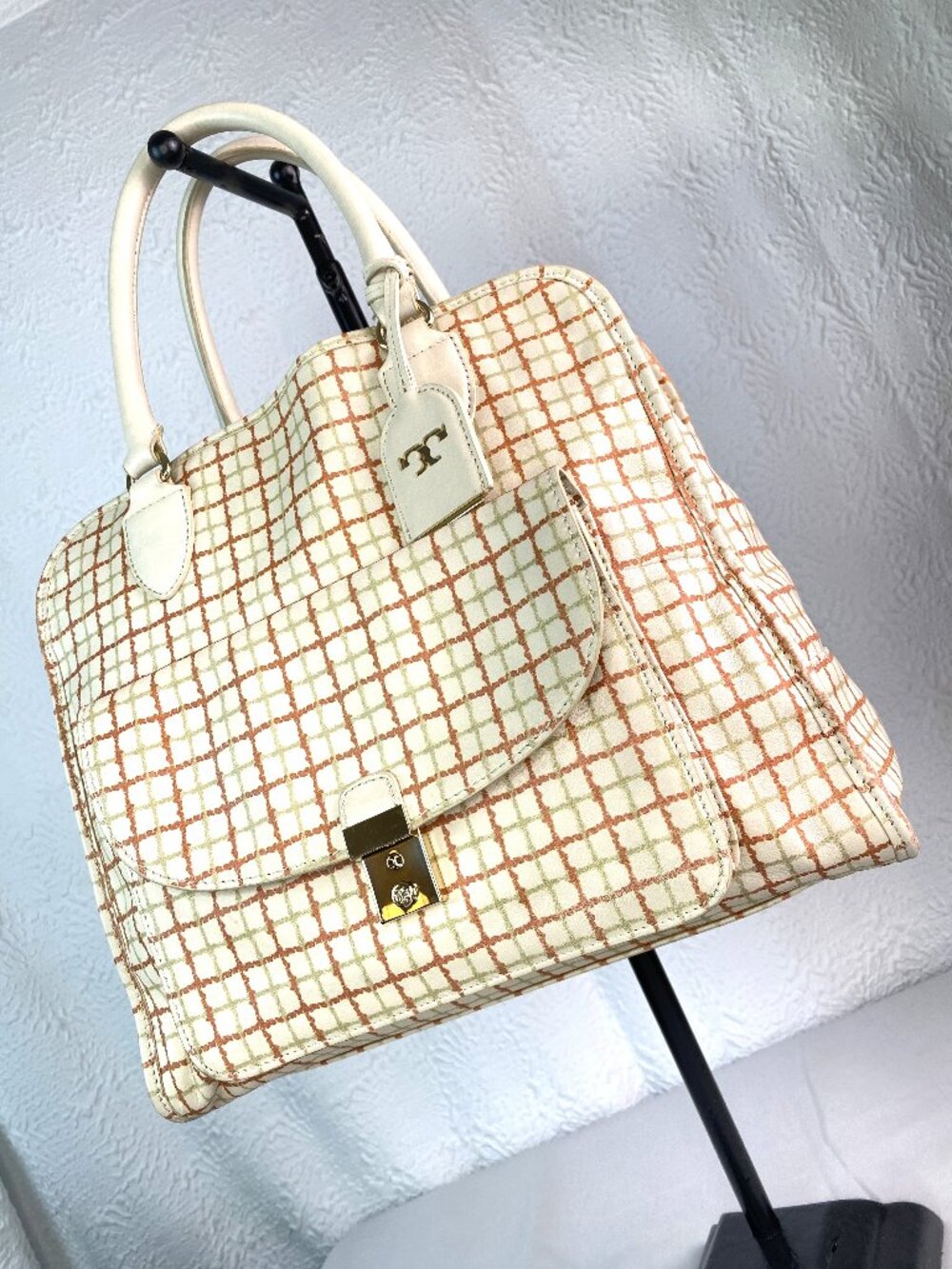 Tory Burch Priscilla Grid Satchel Ivory Orange Leather Top Handle 🌼 Arden